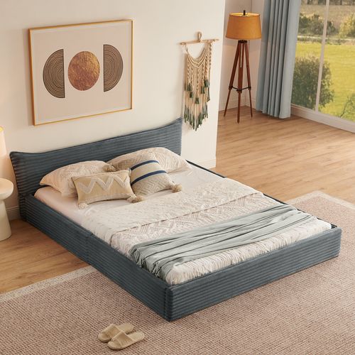 Lit Adulte 160x200 Cm En Bois Et Métal Avec Revêtement Chenille – Lit Double Design Gris Foncé