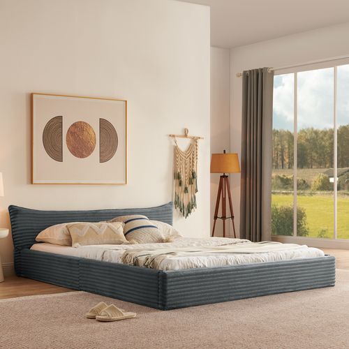 Lit Adulte 160x200 Cm En Bois Et Métal Avec Revêtement Chenille – Lit Double Design Gris Foncé