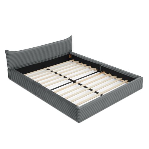 Lit Adulte 160x200 Cm En Bois Et Métal Avec Revêtement Chenille – Lit Double Design Gris Foncé