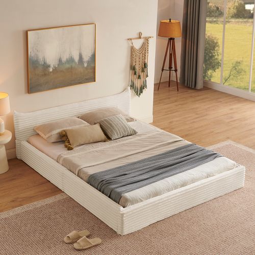 Lit Adulte 160x200 Cm En Tissu Beige Avec Cadre En Bois D’eucalyptus Et Métal, Sommier à Lattes