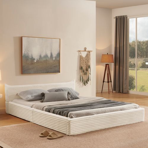 Lit Adulte 160x200 Cm En Tissu Beige Avec Cadre En Bois D’eucalyptus Et Métal, Sommier à Lattes