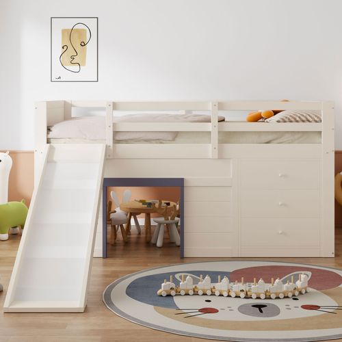 Lit Enfant Mi-haut 140x200 Cm En Bois De Pin Avec Toboggan Et 3 Tiroirs, Espace De Jeu, Crème