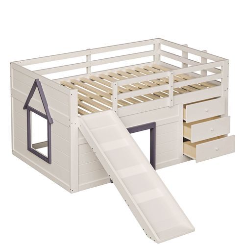 Lit Enfant Mi-haut 140x200 Cm En Bois De Pin Avec Toboggan Et 3 Tiroirs, Espace De Jeu, Crème