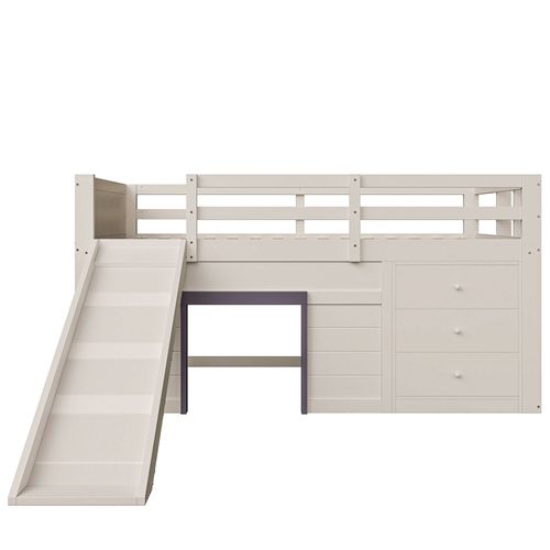 Lit Enfant Mi-haut 140x200 Cm En Bois De Pin Avec Toboggan Et 3 Tiroirs, Espace De Jeu, Crème