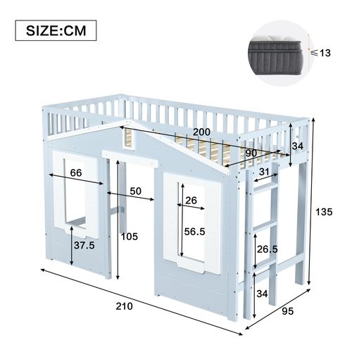 Lit Mezzanine Enfant 90x200 Cm Bleu Avec Espace De Jeu Et Escalier Modulable, En Bois