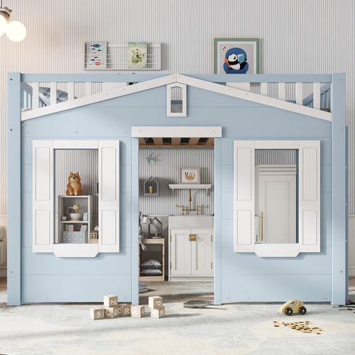 Lit Mezzanine Enfant 90x200 Cm Bleu Avec Espace De Jeu Et Escalier Modulable, En Bois