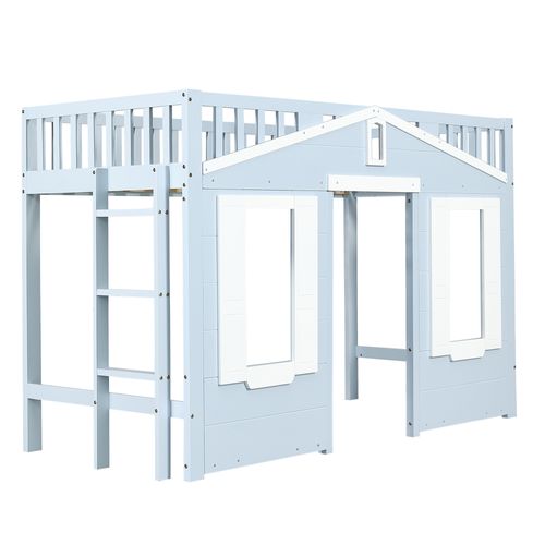 Lit Mezzanine Enfant 90x200 Cm Bleu Avec Espace De Jeu Et Escalier Modulable, En Bois