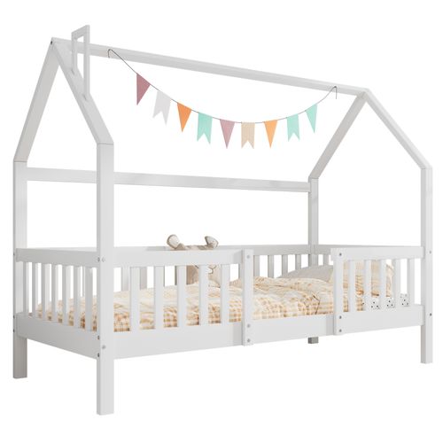 Lit Enfant Cabane 90x200 Cm Avec Barrières De Sécurité Et Sommier à Lattes, Bois Blanc