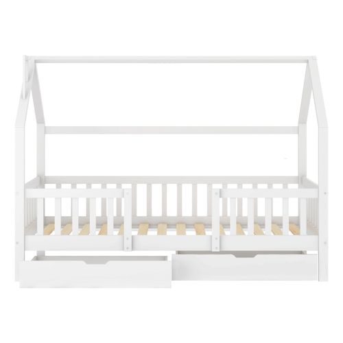 Lit Enfant Cabane 90x200 Cm Avec Barrières De Sécurité Et 2 Tiroirs De Rangement, Bois De Pin Blanc