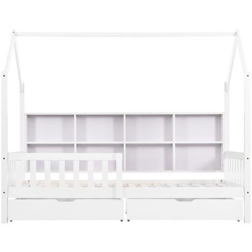 Lit Cabane 90x200 Cm Avec 2 Tiroirs Et Étagères, Maison En Bois Blanc Et Rangement