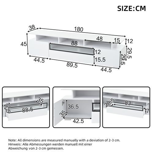 Meuble TV 180 Cm Blanc Brillant Avec LED, 2 Portes Et Tiroir, Rangements Ouverts, Téléviseur 75''