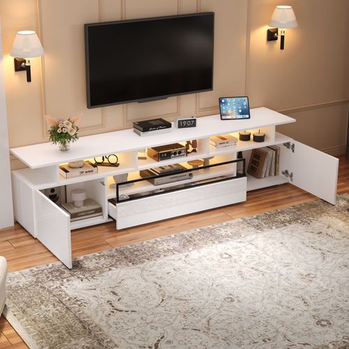 Meuble TV 180 Cm Blanc Brillant Avec LED, 2 Portes Et Tiroir, Rangements Ouverts, Téléviseur 75''
