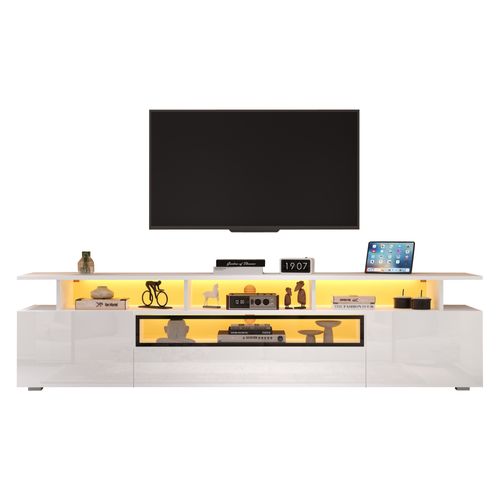 Meuble TV 180 Cm Blanc Brillant Avec LED, 2 Portes Et Tiroir, Rangements Ouverts, Téléviseur 75''