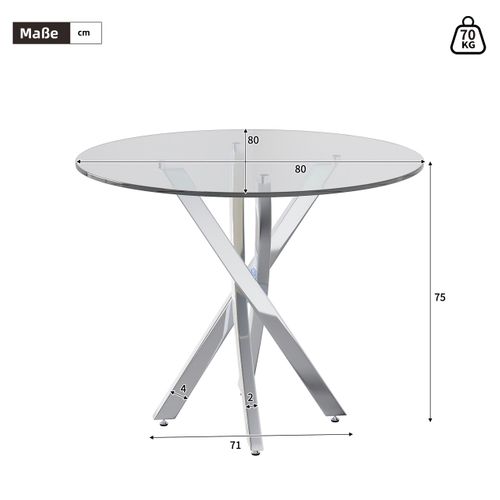 Table Ronde 80cm 2-4 Personnes En Verre Trempé, Pieds Métal Croisés, Salle à Manger, Salon Et Jardin