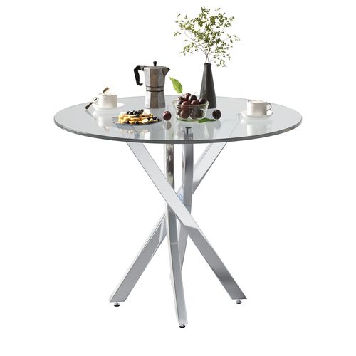 Table Ronde 80cm 2-4 Personnes En Verre Trempé, Pieds Métal Croisés, Salle à Manger, Salon Et Jardin