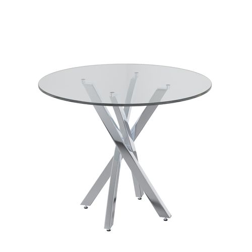 Table Ronde 80cm 2-4 Personnes En Verre Trempé, Pieds Métal Croisés, Salle à Manger, Salon Et Jardin