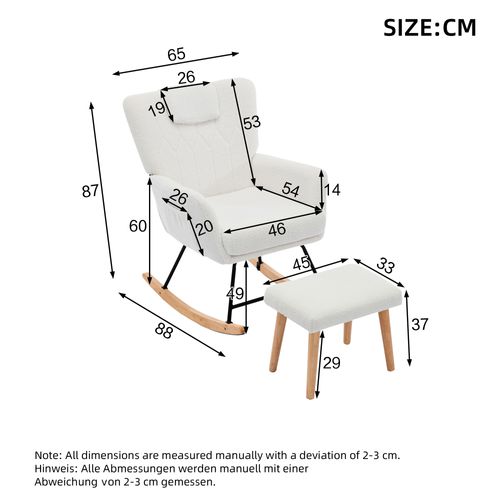 Fauteuil à Bascule Avec Repose-pieds En Tissu Teddy Blanc, Coussin Cervial