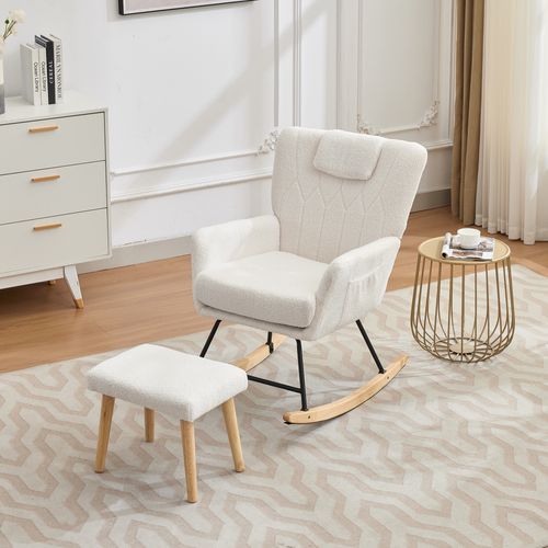 Fauteuil à Bascule Avec Repose-pieds En Tissu Teddy Blanc, Coussin Cervial
