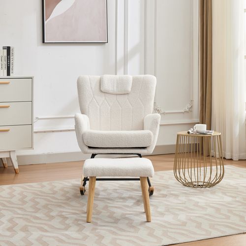 Fauteuil à Bascule Avec Repose-pieds En Tissu Teddy Blanc, Coussin Cervial