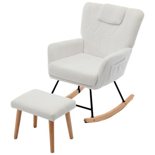 Fauteuil à Bascule Avec Repose-pieds En Tissu Teddy Blanc, Coussin Cervial