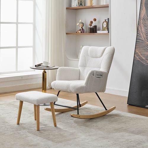 Fauteuil à Bascule Avec Repose-pieds En Teddy Blanc Et Dossier Ergonomique, Cadre Métal-bois