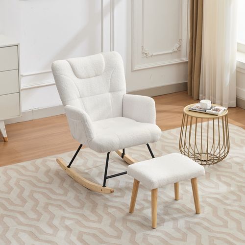 Fauteuil à Bascule Avec Repose-pieds En Teddy Blanc Et Dossier Ergonomique, Cadre Métal-bois