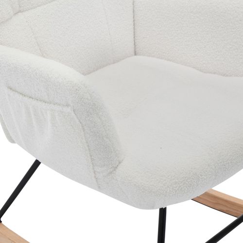 Fauteuil à Bascule Avec Repose-pieds En Teddy Blanc Et Dossier Ergonomique, Cadre Métal-bois