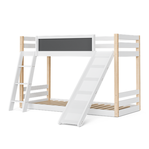 Lit Superposé Enfant 90×200cm En Bois Blanc Avec Escalier Et Toboggan, Sécurité, Tableau Noir