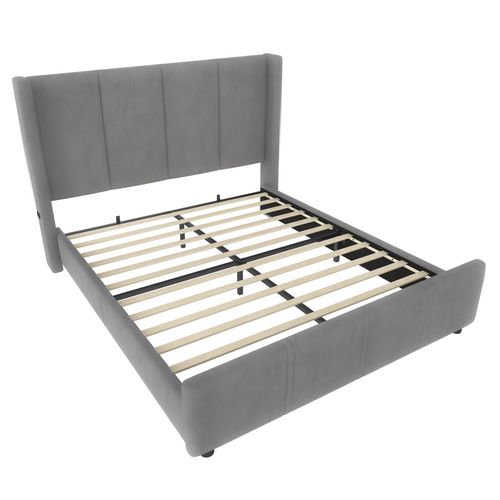 Lit 140x190cm 2 Places Avec Tête De Lit Haute, Port USB Et Sommier à Lattes, En Velours Gris Foncé