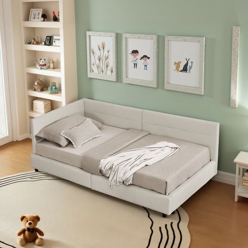 Lit Enfant 90x200 Cm En Velours Beige Avec Haute Tête De Lit, Sommier à Lattes, Structure Bois-métal