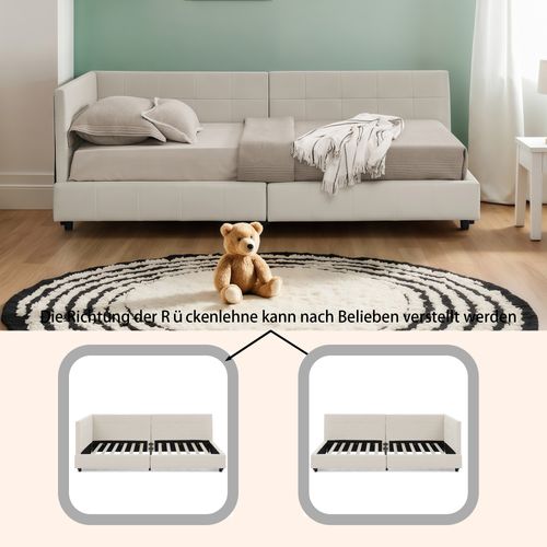 Lit Enfant 90x200 Cm En Velours Beige Avec Haute Tête De Lit, Sommier à Lattes, Structure Bois-métal