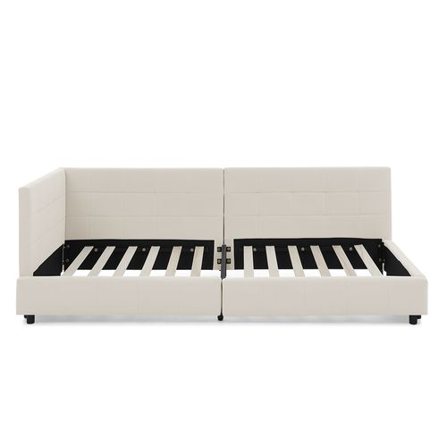 Lit Enfant 90x200 Cm En Velours Beige Avec Haute Tête De Lit, Sommier à Lattes, Structure Bois-métal
