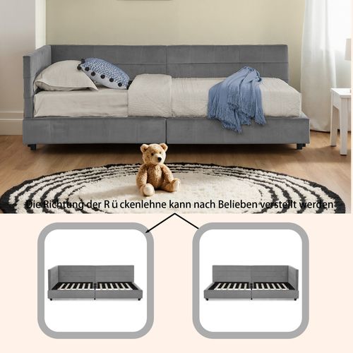 Lit 90x200 Cm En Velours Gris Foncé Avec Haute Tête De Lit, Sommier à Lattes, Structure Bois-métal