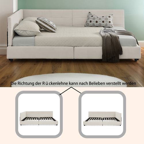 Lit 140x200 Cm 2 Places Avec Tête De Lit Haute En Velours Beige, Cadre Bois Et Métal Robuste