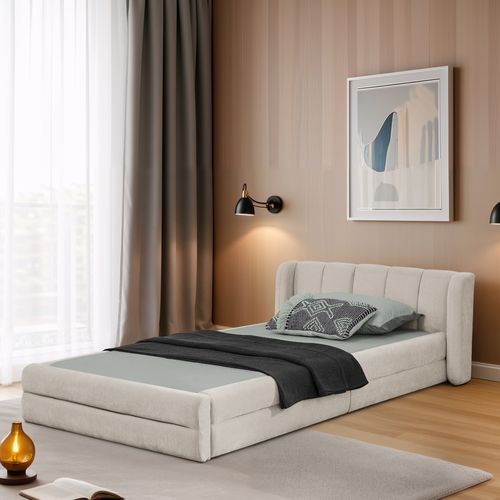 Lit 90x200 Cm En Tissu Chenille Beige, Tête De Lit Oreilles Et Sommier, Lit Bas Au Sol Sans Pieds