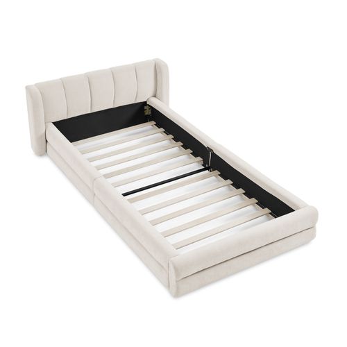 Lit 90x200 Cm En Tissu Chenille Beige, Tête De Lit Oreilles Et Sommier, Lit Bas Au Sol Sans Pieds