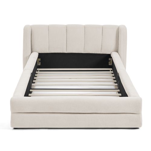 Lit 90x200 Cm En Tissu Chenille Beige, Tête De Lit Oreilles Et Sommier, Lit Bas Au Sol Sans Pieds