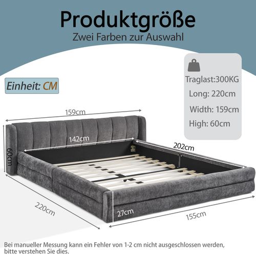 Lit 140x200 Cm En Tissu, Tête De Lit Oreilles Et Sommier à Lattes, Cadre Bas Au Sol, Gris Foncé