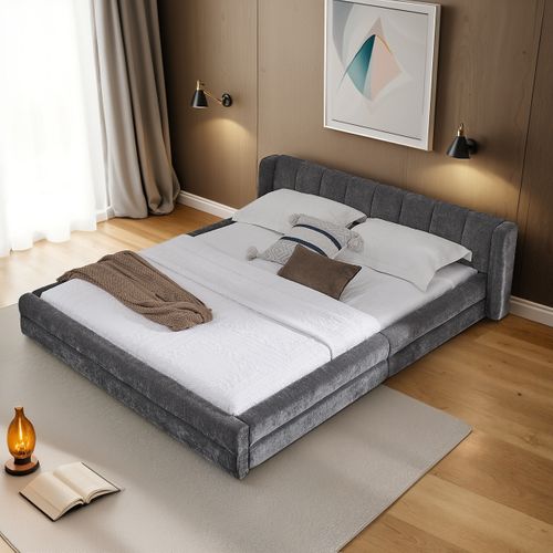 Lit 140x200 Cm En Tissu, Tête De Lit Oreilles Et Sommier à Lattes, Cadre Bas Au Sol, Gris Foncé