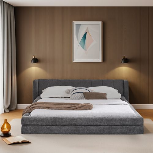 Lit 140x200 Cm En Tissu, Tête De Lit Oreilles Et Sommier à Lattes, Cadre Bas Au Sol, Gris Foncé