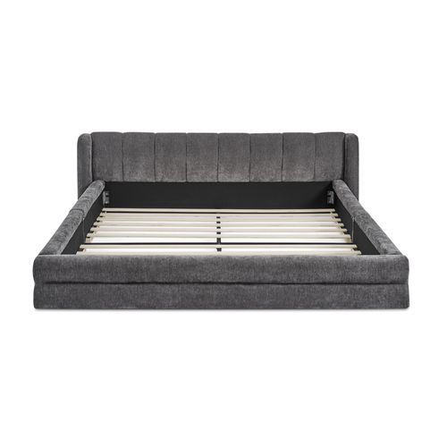 Lit 140x200 Cm En Tissu, Tête De Lit Oreilles Et Sommier à Lattes, Cadre Bas Au Sol, Gris Foncé