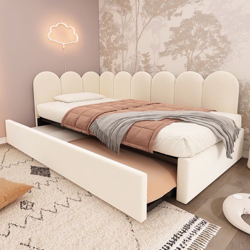 Lit 90x200cm, Lit Enfant, Lit Gigogne, sommier, Design Simple, velours, métal, beige