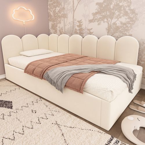 Lit 90x200cm, Lit Enfant, Lit Gigogne, sommier, Design Simple, velours, métal, beige