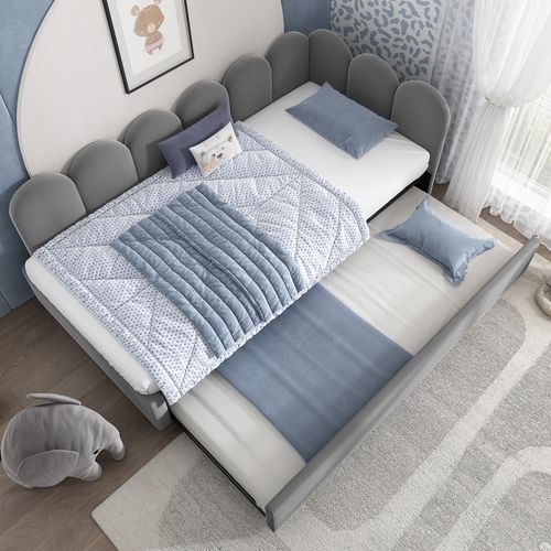 Lit 90x200cm, Lit Enfant, Lit Gigogne, Sommier, design Simple, velours, métal, gris