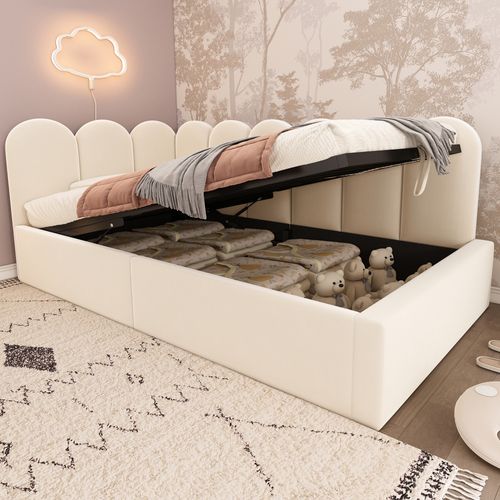 Lit 90x190cm, Lit Simple, Lit Enfant, Lit Coffre, Sommier, Design Simple, Velours, Beige