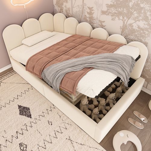 Lit 90x190cm, Lit Simple, Lit Enfant, Lit Coffre, Sommier, Design Simple, Velours, Beige