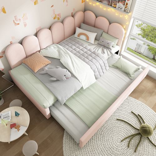 Lit 90x200cm, Lit Enfant, Lit Gigogne, sommier, Design Simple, velours, métal, rose