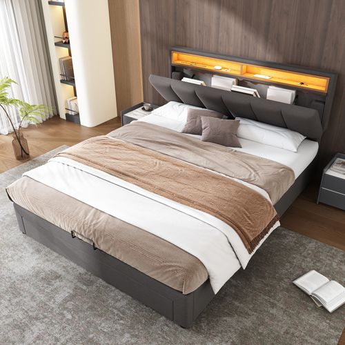 Lit 140x190cm, lit Adulte, lit 2 Places, sommier, lit Coffre, led, 2 Tiroirs, lin, métal,mdf,gris