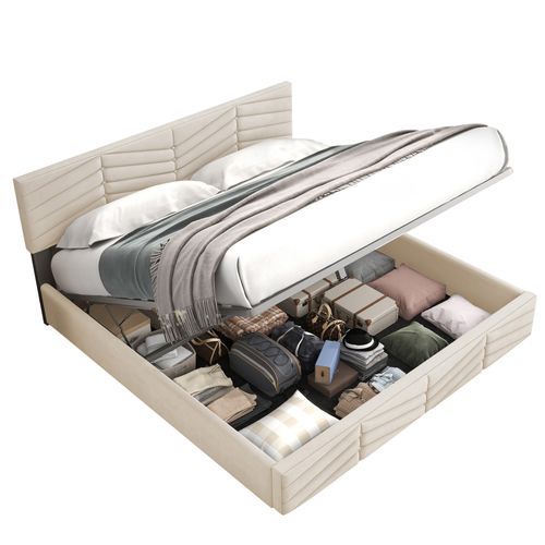 Lit 140x190cm, lit 2 Places, lit Coffre, tête De Lit Réglable En Hauteur, velours,bois,beige