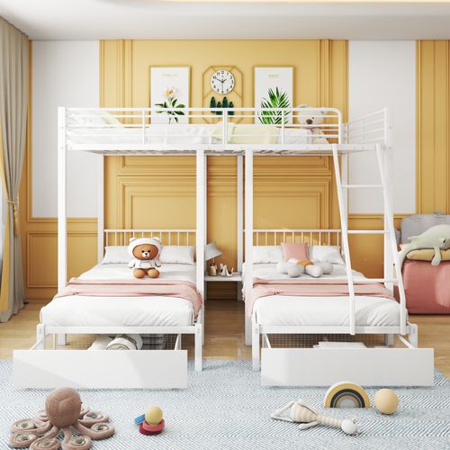 Lit Superposé Métal 90x200/140x200 Cm Avec Rangement Et Barrière Anti-chute - Blanc